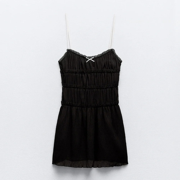 ZARA LITTLE BOW BLACK TEXTURED DRESS - Picture 4 of 16